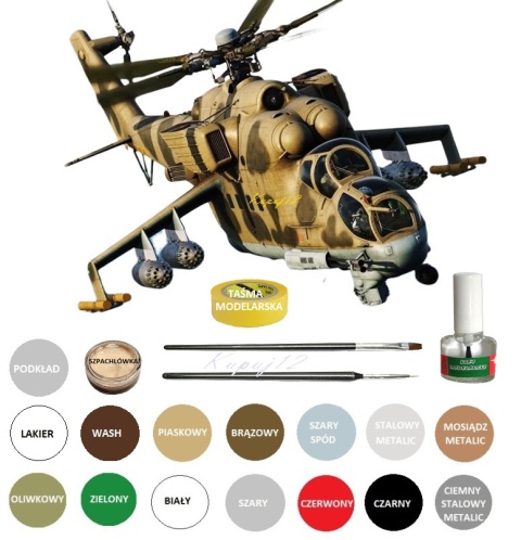 Plastikowy Model radzieckiego śmigłowca do sklejania Mi-24 + podkład, farby, lakier, wash, szpachlówka, tasma, klej, pędzelki
