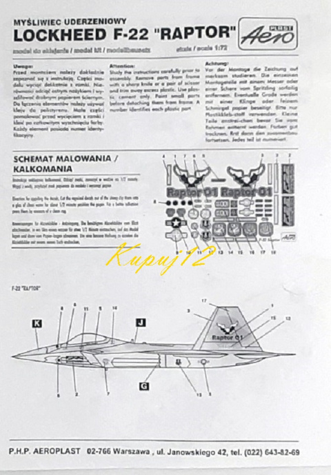 Plastikowy Model Samolotu F-22 RAPTOR + podkład, lakier, farby, wash Plastikowy Model Samolotu F-22 RAPTOR + podkład, lakier, farby, wash