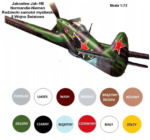 Model samolotu Jakowlew JAK-1M Normandie - Niemen Zestaw: podkład, farby modelarskie, lakier, wash Model samolotu Jakowlew JAK-1M Normandie - Niemen Zestaw: podkład, farby modelarskie, lakier, wash