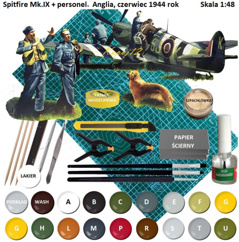 MODEL samolotu Spitfire Mk.IX personelem 1:48 , mata samogojąca do cięcia A3, klej, farba akrylowa modelarska, pędzle, cążki ... MODEL samolotu Spitfire Mk.IX personelem 1:48 , mata samogojąca do cięcia A3, klej, farba akrylowa modelarska, pędzle, cążki ...