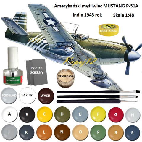 Model do sklejania amerykańskiego samolotu myśliwskiego P-51A Mustang + klej, farby akrylowe modelarskie, podkład, lakier..... Model do sklejania amerykańskiego samolotu myśliwskiego P-51A Mustang + klej, farby akrylowe modelarskie, podkład, lakier.....