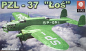MODEL PLASTIKOWEGO SAMOLOTU DO SKLEJANIA PZL-37 ŁOŚ + FARBY MODELARSKIE, KLEJ MODELARSKI WAMOD, 3 x PĘDZEL MODELARSKI, TAŚMA....