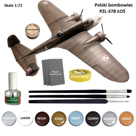 MODEL PLASTIKOWEGO SAMOLOTU DO SKLEJANIA PZL-37 ŁOŚ + FARBY MODELARSKIE, KLEJ MODELARSKI WAMOD, 3 x PĘDZEL MODELARSKI, TAŚMA....