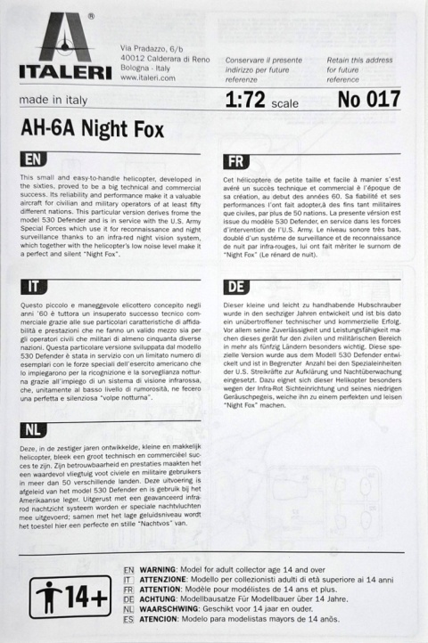 MODEL amerykańskiego śmigłowca AH-6 Night Fox Italeri Skala 1:72 + farby MODEL amerykańskiego śmigłowca AH-6 Night Fox Italeri Skala 1:72 + farby