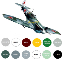 MODEL samolotu do sklejania SPITFIRE LF.IXE + zestaw farb, farba podkładowa, lakier bezbarwny, wash do zabrudzeń