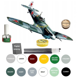 MODEL samolotu do sklejania SPITFIRE LF.IXE + zestaw farb, farba podkładowa, lakier bezbarwny, wash do zabrudzeń