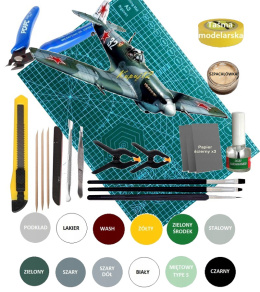 MODEL samolotu do sklejania SPITFIRE LF.IXE + zestaw farb, farba podkładowa, lakier bezbarwny, wash do zabrudzeń