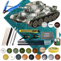 PLASTIKOWY model do sklejania radzieckiego czołgu T-34/85 + mata, klej, farby akrylowe, podkład do farb akrylowych...