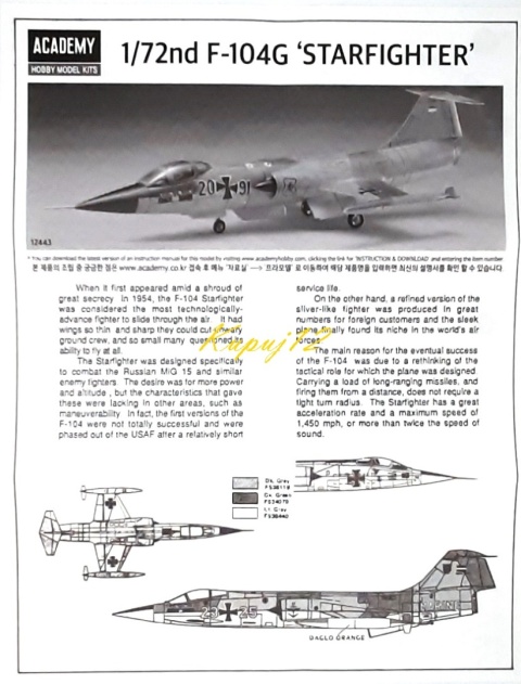 PLASTIKOWY model samolotu F-104G Starfighter Bundesmarine Academy Skala 1:72 PLASTIKOWY model samolotu F-104G Starfighter Bundesmarine Academy Skala 1:72