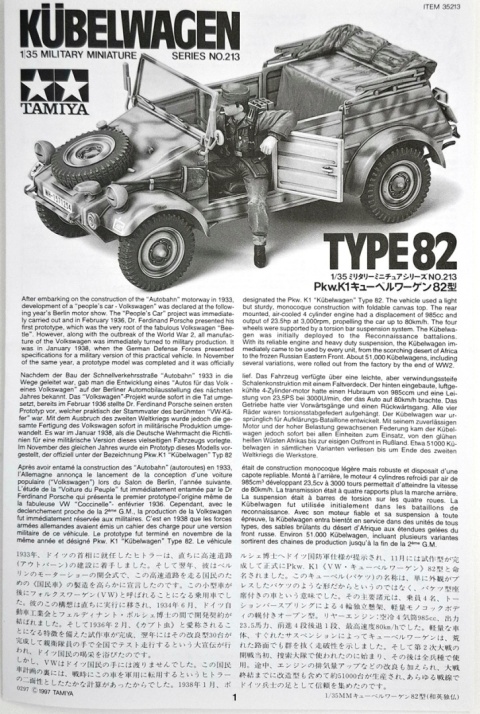 MODEL niemieckiego samochodu terenowego Kubelwagen type 82 Tamiya Skala 1:35 MODEL niemieckiego samochodu terenowego Kubelwagen type 82 Tamiya Skala 1:35