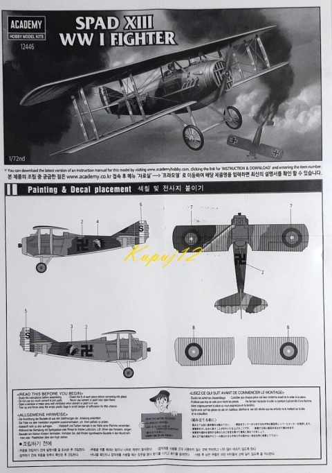 Plastikowy model francuskiego samolotu myśliwskiego SPAD XIII WWI Fighter Academy Skala 1:72 Plastikowy model francuskiego samolotu myśliwskiego SPAD XIII WWI Fighter Academy Skala 1:72