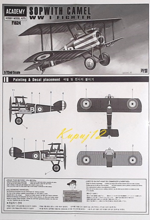 PLASTIKOWY model samolotu Sopwitch Camel WWI Fighter Academy Skala 1:72 PLASTIKOWY model samolotu Sopwitch Camel WWI Fighter Academy Skala 1:72
