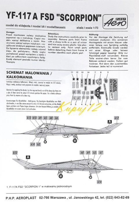 PLASTIKOWY model samolotu YF-117A FSD Scorpion Areo Skala 1:72 PLASTIKOWY model samolotu YF-117A FSD Scorpion Areo Skala 1:72