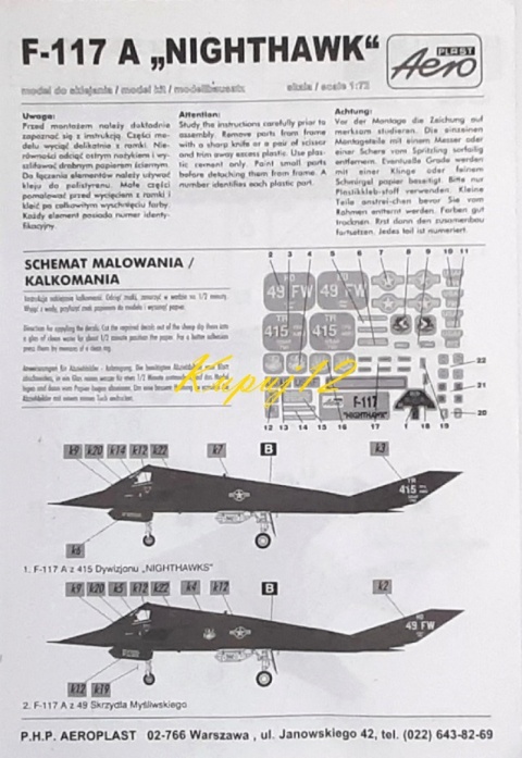 PLASTIKOWY model samolotu F-117A Nighthawk Operacja Pustynna Burza Areo Skala 1:72 PLASTIKOWY model samolotu F-117A Nighthawk Operacja Pustynna Burza Areo Skala 1:72