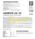 MODEL samolotu myśliwskiego JAK 1-M , polska wersja Plastyk Skla 1:72_S003