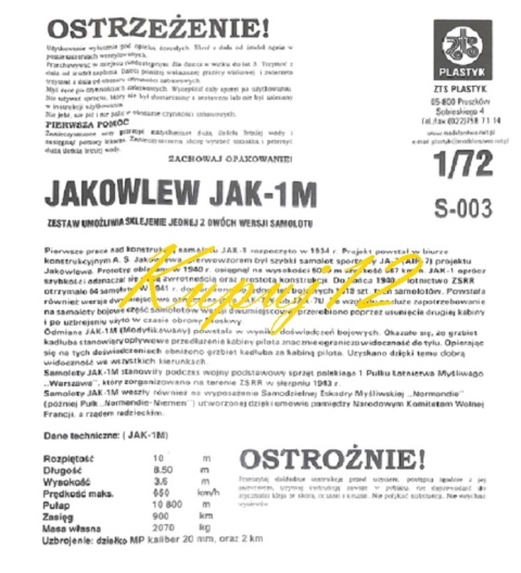 MODEL samolotu myśliwskiego JAK 1-M , polska wersja Plastyk Skla 1:72_S003 MODEL samolotu myśliwskiego JAK 1-M , polska wersja Plastyk Skla 1:72_S003