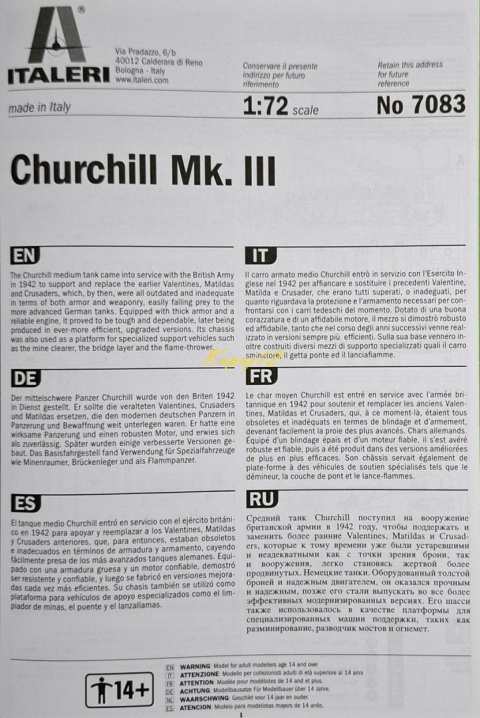 Model brytyjskiego czołgu Churchill Mk. II Italeri skala 1:72 7083