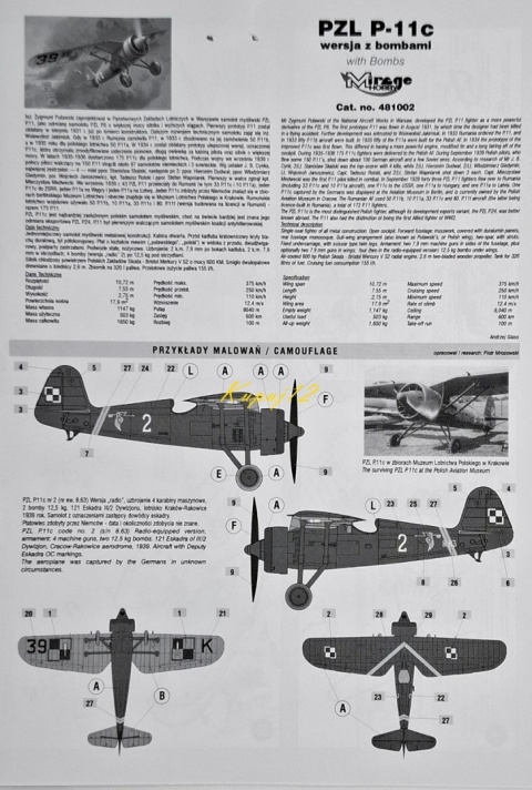 Model plastikowego samolotu do sklejania PZL P-11c z bombami Mirage skala 1:48