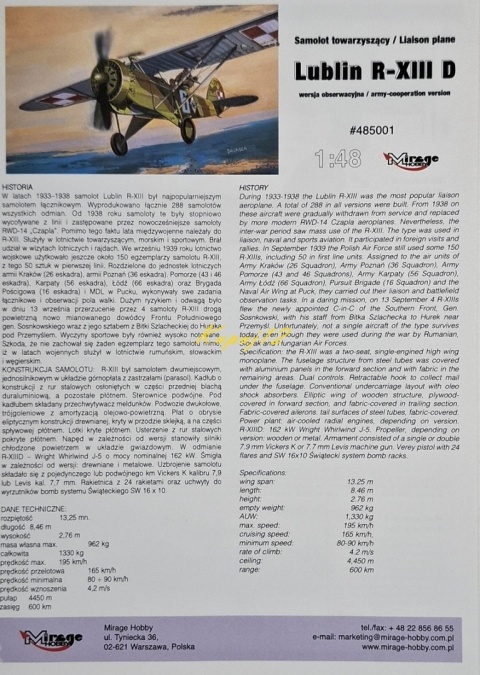 Super dokładny plastikowy model polskiego samolotu Lublin R-XIII D Mirage Skala 1:48