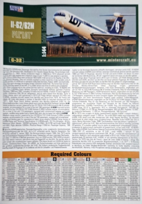 Ił-62M duży plastikowy model samolotu pasażerskiego PLL Lot Mistercraft skala 1:144