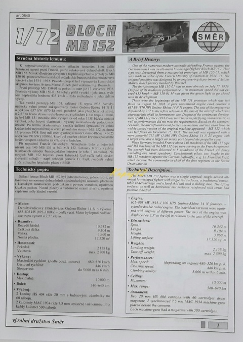 Model francuskiego samolotu myśliwskiego Bloch MB 152 Smer skala 1:72 0840
