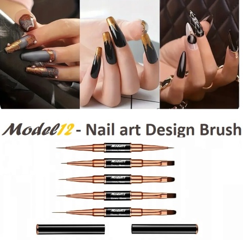 Pędzelek Dwustronny 5 sztuk do Stylizacji Zdobień paznokci, Żelu, Akrylu + stojak