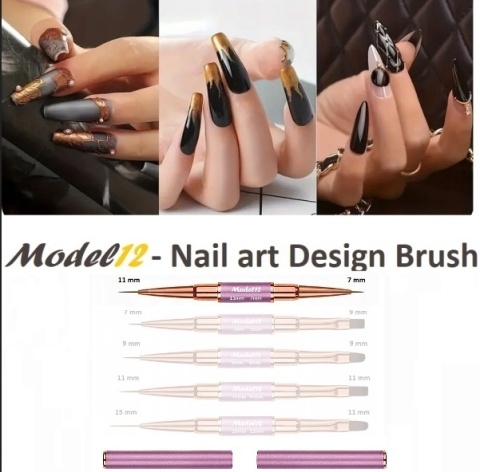 Model12 Pędzelek Dwustronny do Stylizacji Zdobień paznokci, Żelu, Akrylu purpurowy okrągły 7mm, okrągły 11mm