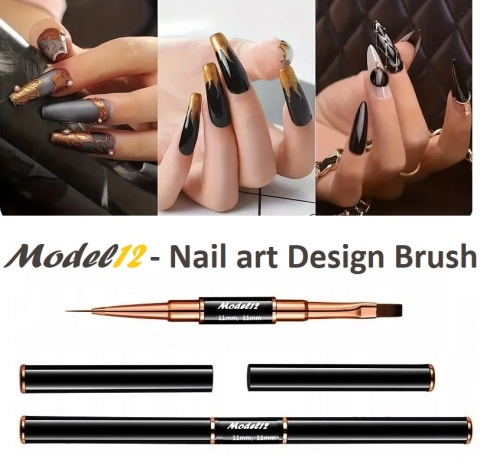 Model12 Pędzelek Dwustronny do Stylizacji Zdobień paznokci, Żelu, Akrylu czarny okrągły 11mm, płaski 11mm