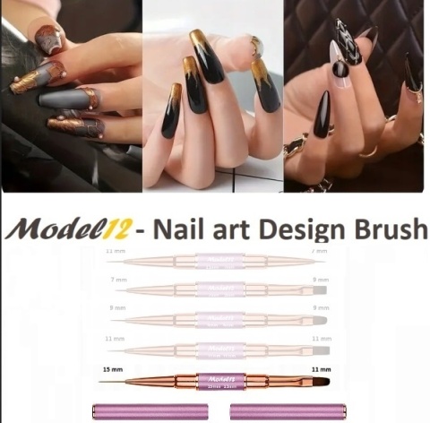 Model12 Pędzelek Dwustronny do Zdobień paznokci, Żelu, Akrylu okrągły 15mm, płaski koci język 11mm purpurowy