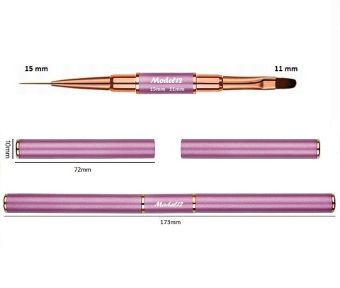 Model12 Pędzelek Dwustronny do Zdobień paznokci, Żelu, Akrylu okrągły 15mm, płaski koci język 11mm purpurowy