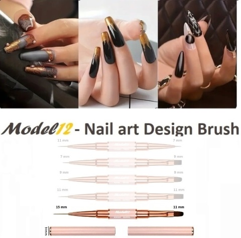 Model12 Pędzelek Dwustronny do Zdobień paznokci, Żelu, Akrylu okrągły 15mm, płaski koci język 11mm purpurowy