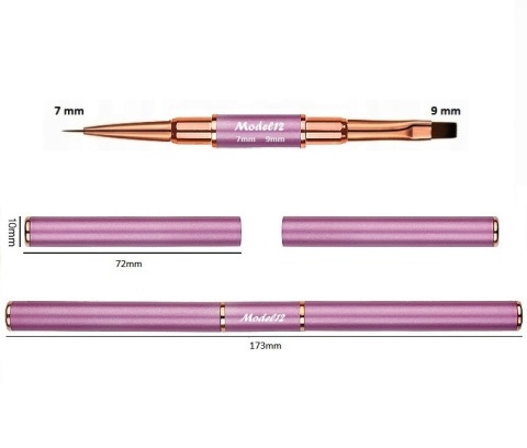Model12 Pędzelek Dwustronny do Zdobień paznokci, Żelu, Akrylu okrągły 7mm, płaski 9mm purpurowy