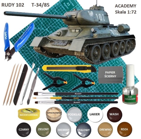 RUDY 102 plastikowy Model do sklejania czołgu T-34/85 Academy skala 1:72 +mata, farby, klej RUDY 102 plastikowy Model do sklejania czołgu T-34/85 Academy skala 1:72 +mata, farby, klej