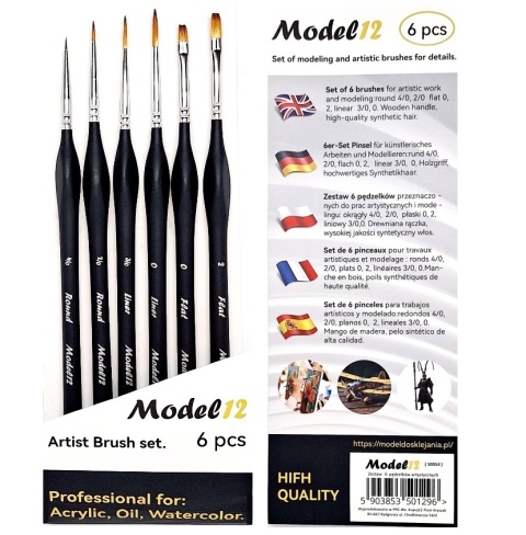 Zestaw 6 x profesjonalny pędzelek okrągły, plaski syntetyczny włos.