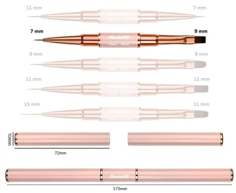 Pędzelek Dwustronny do Stylizacji Zdobień paznokci, Żelu, Akrylu różowy okrągły 7mm, płaski 9mm
