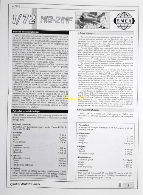 MODEL samolotu do sklejania Mig-21MF 5 wersji malowania Smer skala 1:72 0924