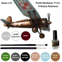 MODEL samolotu do sklejania PZL P-11c Zestaw: podkład, farby modelarskie, lakier, wash do zabrudzeń