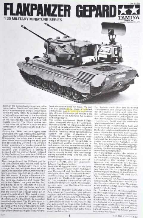 Model niemieckiego czołgu przeciwlotniczego Flakpanzer Gepard Tamiya Skala 1:35 35099
