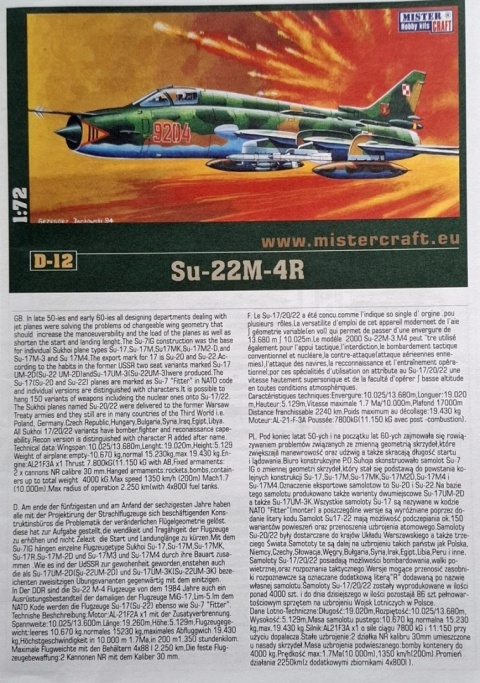 Model plastikowy samolot zestaw modelarski Su-22M-4R MisterCraft skala 1:72