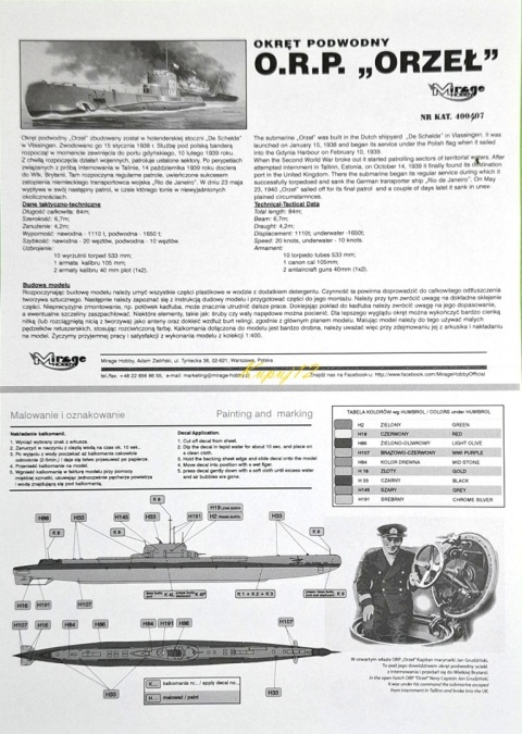 Polski okręt podwodny ORP Orzeł skala 1:400 Mirage 400407