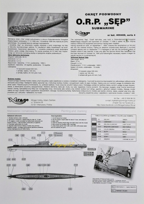 Polski okręt podwodny ORP Sęp skala 1:400 Mirage 400408