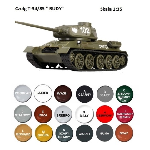 Model do sklejania czołgu T34/85 RUDY 102 +podkład, lakier, pędzle, farby +
