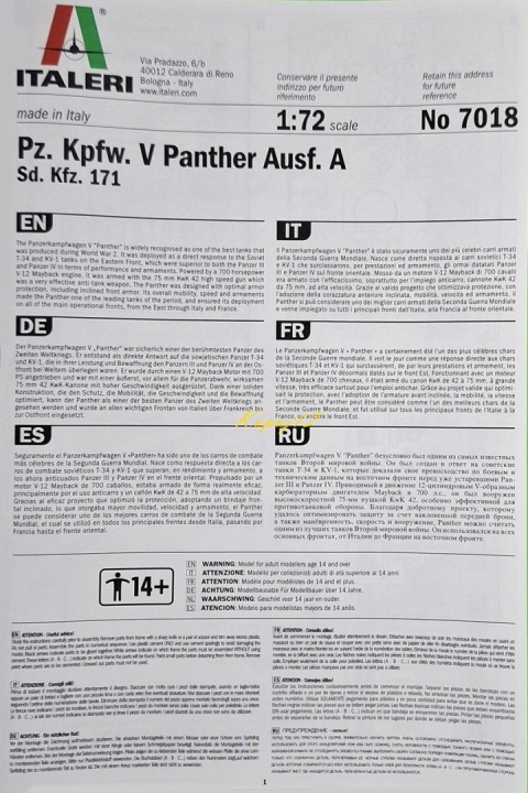 Model niemieckiego czołgu Panther Ausf.A Sd. Kfz.171 Italeri Skala 1:72 7018