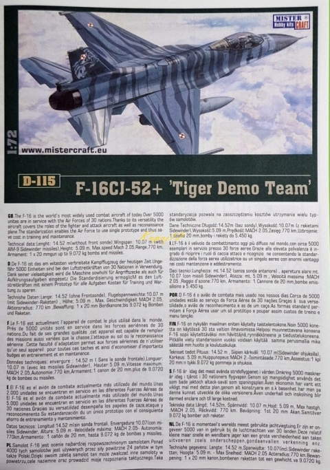 Model samolotu do sklejania F-16CJ-52+Tiger Demo Team MisterCraft skala 1:72 041156